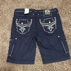 Rock Revival Dark Blue Cargo Shorts with White Accents